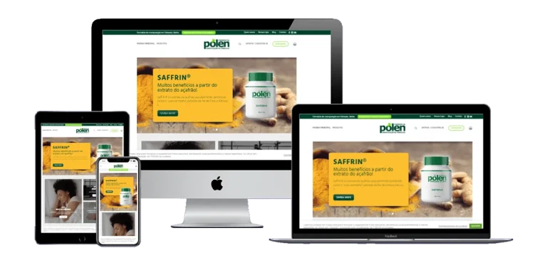 Prints da homepage da Farmácia Pólen exibindo perfeita adaptação em celular, tablet, notebook e desktop.