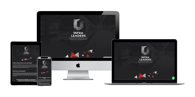 Landing page do Infra Leaders com layout clean, botão de inscrição em destaque e seções interativas