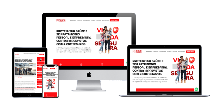 Página inicial do novo site da CDC Seguros, com layout clean e botões de contato.