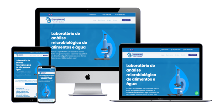 Página inicial do novo site da AQUAPHARMA, com layout clean e responsivo.