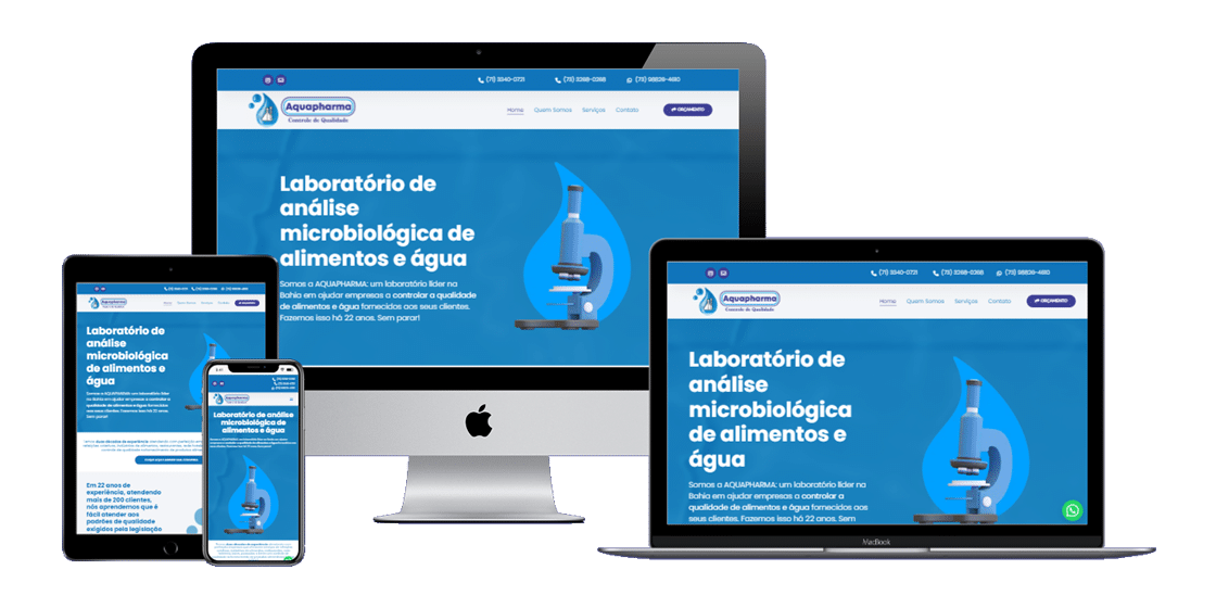 Página inicial do novo site da AQUAPHARMA, com layout clean e responsivo.