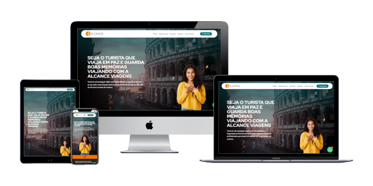 Página inicial do novo site da Alcance Viagens, com design clean, navegação intuitiva e promoções em destaque.