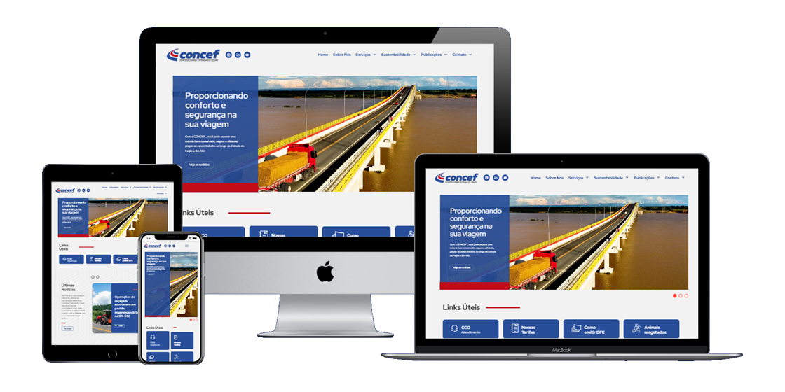 Página inicial do novo site da CONCEF, com layout clean, menu intuitivo e destaques de notícias.