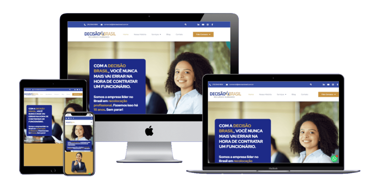Página inicial do site da Decisão Brasil, com layout clean, menu intuitivo e destaque para serviços de RH.
