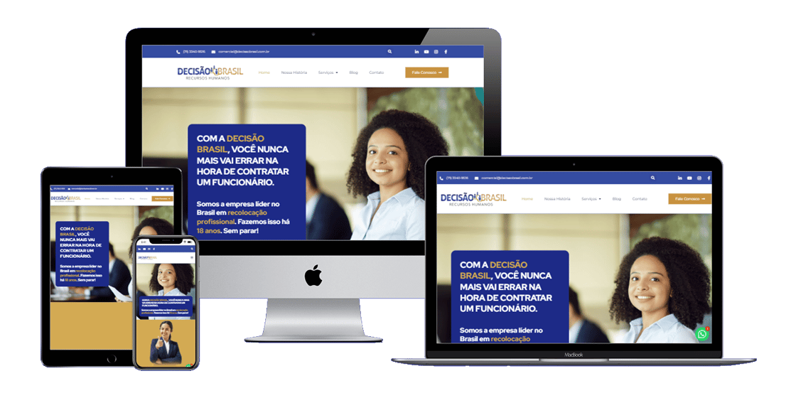 Página inicial do site da Decisão Brasil, com layout clean, menu intuitivo e destaque para serviços de RH.