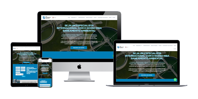 Página inicial do MBA Saneamento Ambiental, com design moderno, formulário de captação e informações do curso.