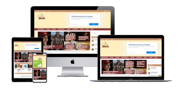 Homepage do Café com Shah com layout limpo, carrossel de destaques e menu organizado.