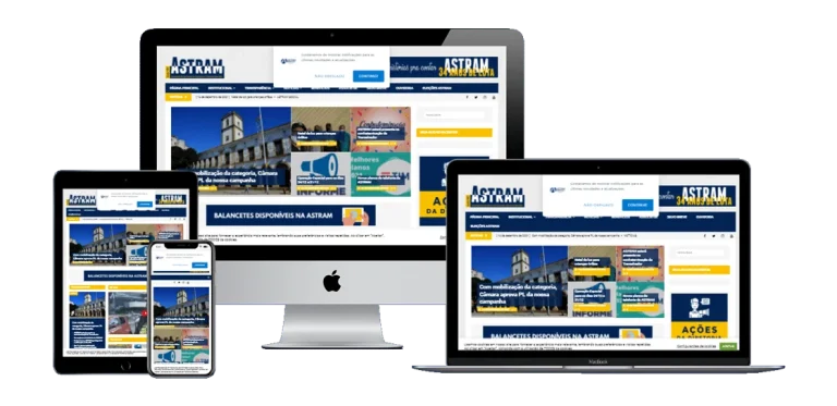 Captura de tela do novo site da Astram, com design moderno, menu intuitivo e destaques para notícias e serviços.