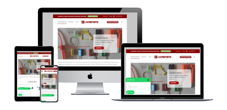 Página inicial do site da Lacreforte, com design moderno, menu intuitivo e destaque para produtos de segurança.
