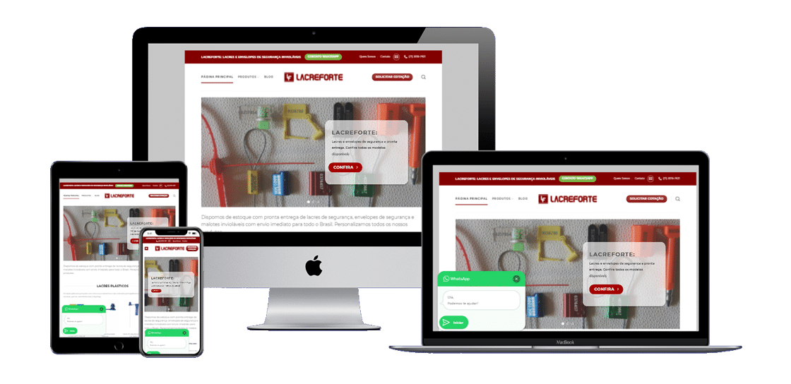 Página inicial do site da Lacreforte, com design moderno, menu intuitivo e destaque para produtos de segurança.