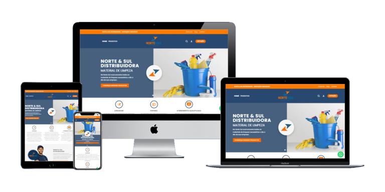 Captura de tela do site da Norte & Sul Distribuidora, mostrando layout profissional e opções de cotação.