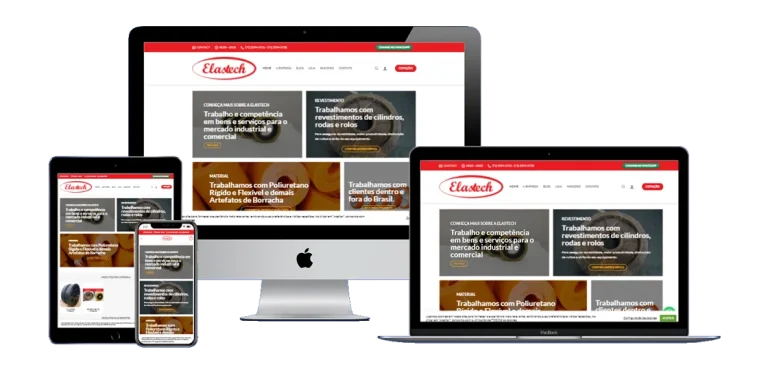 Homepage do site da Elastech, com menu intuitivo, destaques de produtos e chamada para contato.