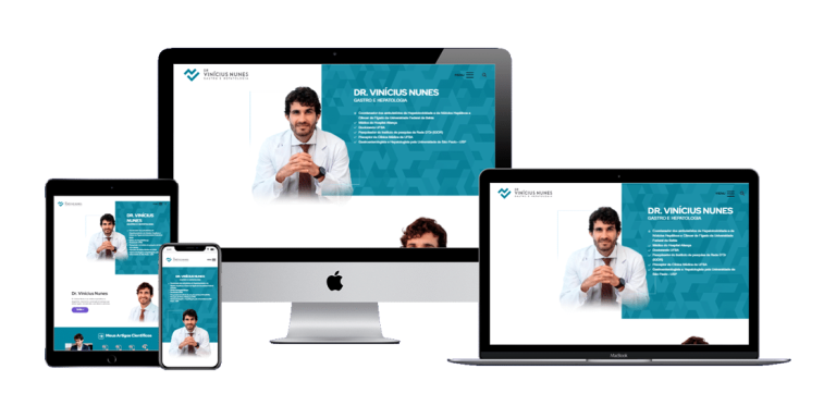 Homepage do site do Dr. Vinícius Nunes, hepatologista, com design limpo, menu intuitivo e destaques para agendamento.