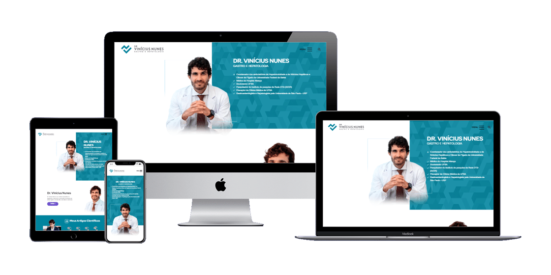 Homepage do site do Dr. Vinícius Nunes, hepatologista, com design limpo, menu intuitivo e destaques para agendamento.