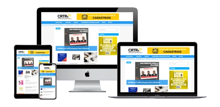 Print da tela inicial do site do CRTR8, com menu, banners e seções de acesso rápido.