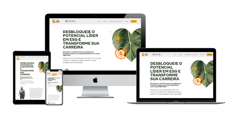 Tela do site MBA ESG mostrando layout clean com informações do curso e botão de inscrição.