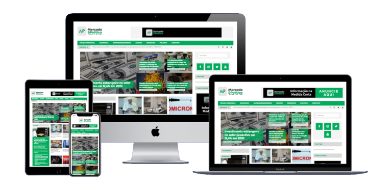 Tela do portal Mercado & Política mostrando notícias em destaque, com design limpo e navegação intuitiva.