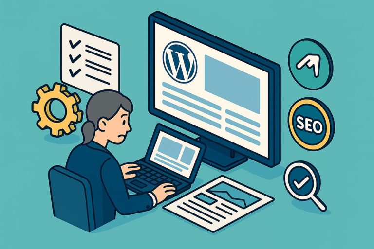 Ilustração isométrica de uma profissional desenvolvendo um site WordPress em múltiplos dispositivos, com ícones de SEO, engrenagem de gestão e seta de crescimento.
