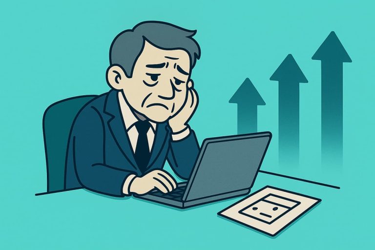 Ilustração isométrica de um empresário tradicional frustrado diante de um notebook, representando as dificuldades de adaptação ao ambiente digital.