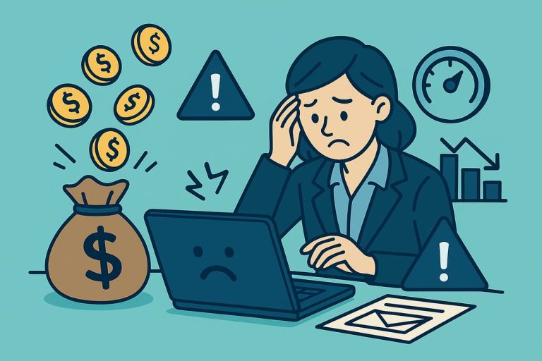 Ilustração isométrica de uma empresária frustrada diante de um laptop lento, com moedas e ícones de alerta representando desperdício financeiro e falhas de desempenho.