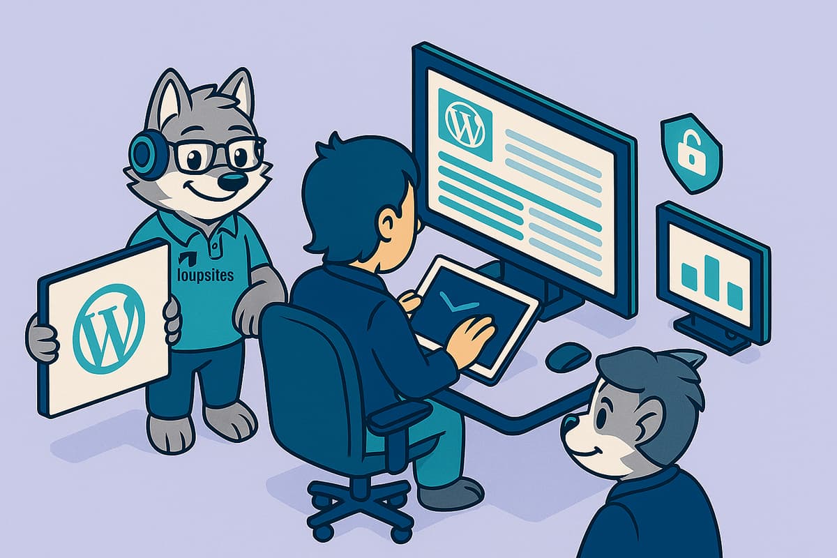 Ilustração isométrica mostrando a equipe da Loupsites configurando e desenvolvendo sites em WordPress, com telas, ícones de plugins e temas em um ambiente digital moderno.