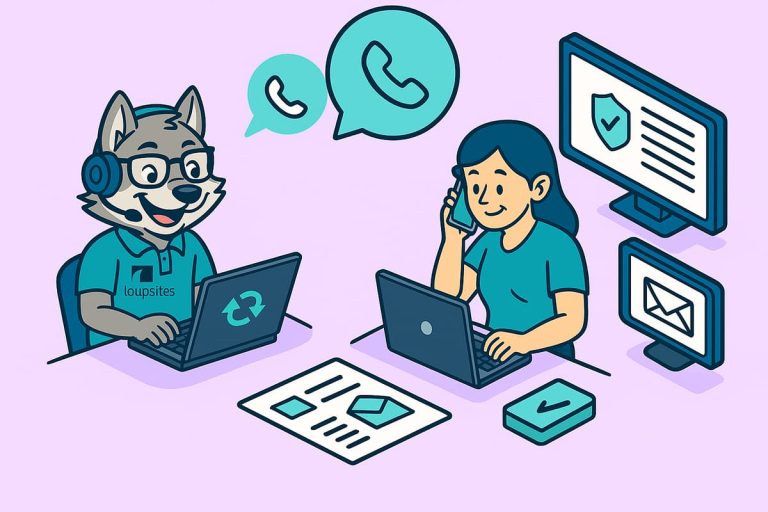 Ilustração isométrica da equipe da Loupsites realizando múltiplas tarefas simultaneamente, incluindo atendimento a clientes, atualização de sites e monitoramento de e-mails de suporte.