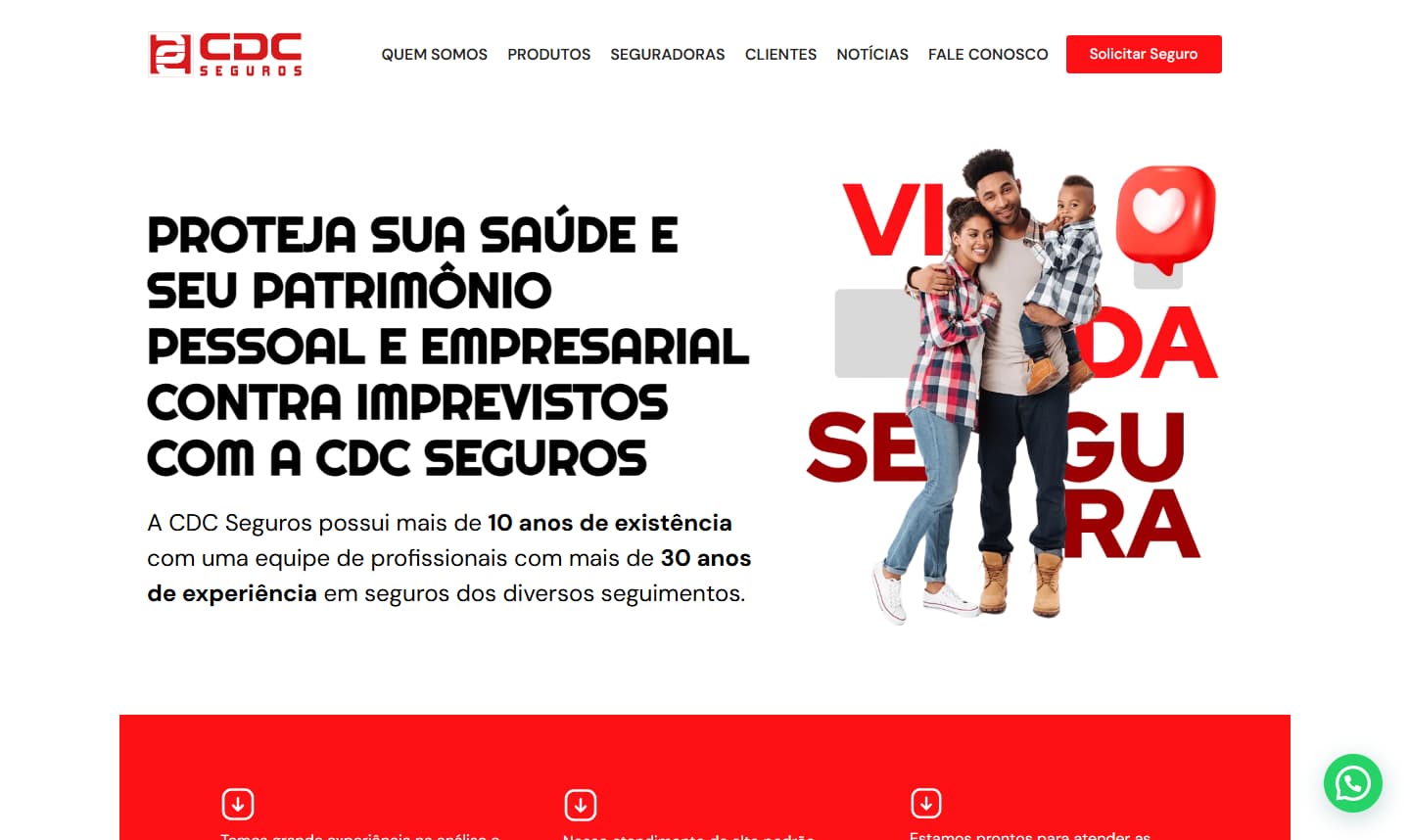 Print do site da CDC Seguros mostrando o layout otimizado com design limpo, destaque para a mensagem de proteção patrimonial e familiar, e carregamento rápido.