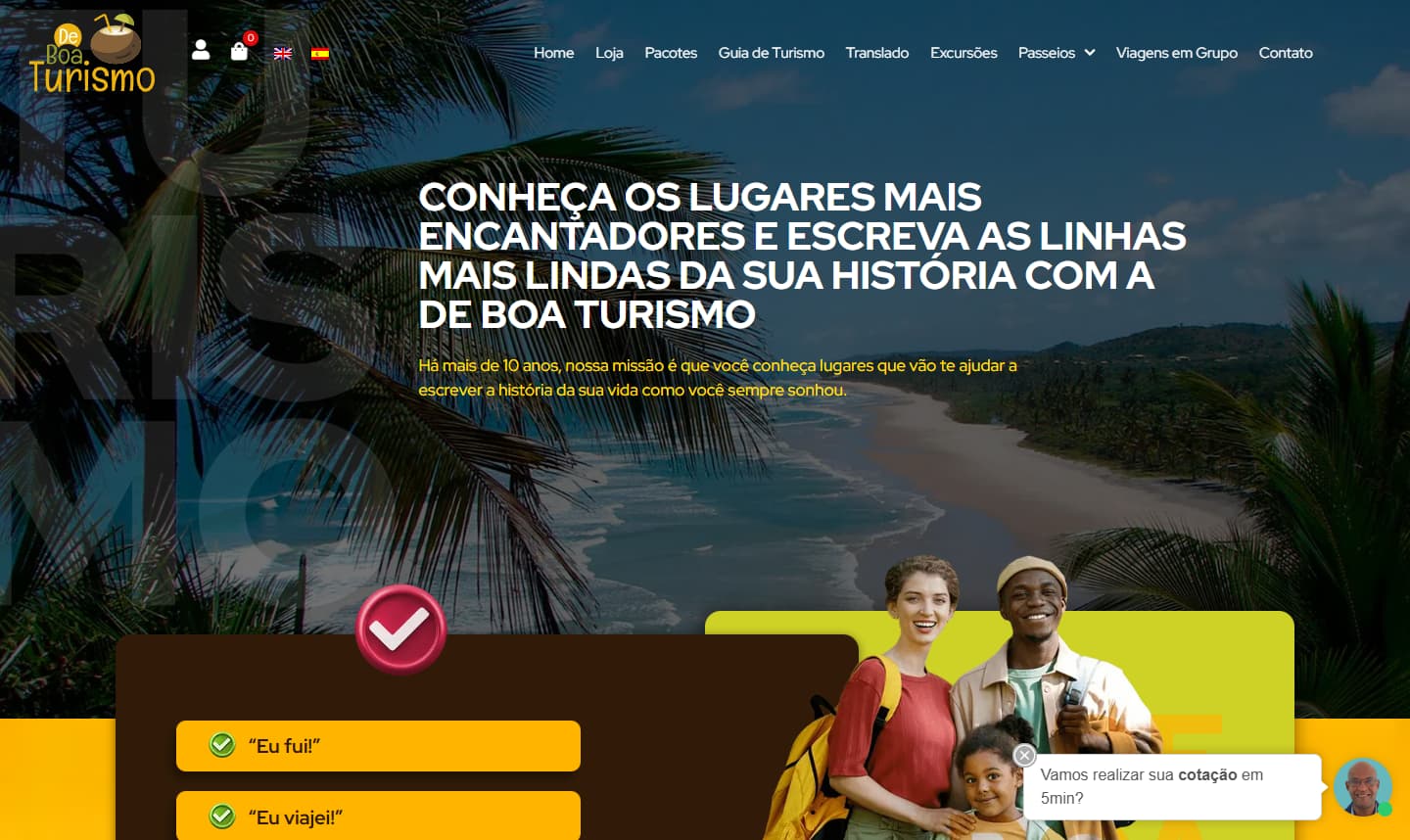 Print do site De Boa Turismo, com imagem de uma praia tropical e família feliz em destaque, representando um site otimizado para performance e experiência do usuário.