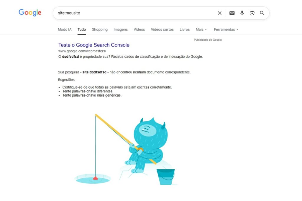 Captura de tela da pesquisa no Google mostrando que nenhum resultado foi encontrado para o domínio digitado, com o mascote azul do Google pescando em um buraco de gelo, simbolizando ausência de resultados.