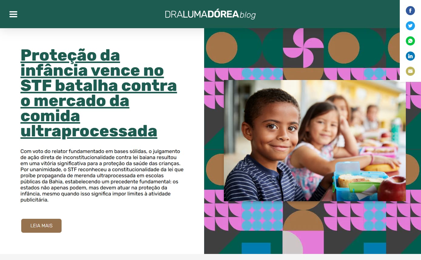 Print do site da Dra. Luma Dórea Blog exibindo matéria sobre proteção da infância e alimentação saudável, com layout otimizado e carregamento rápido.
