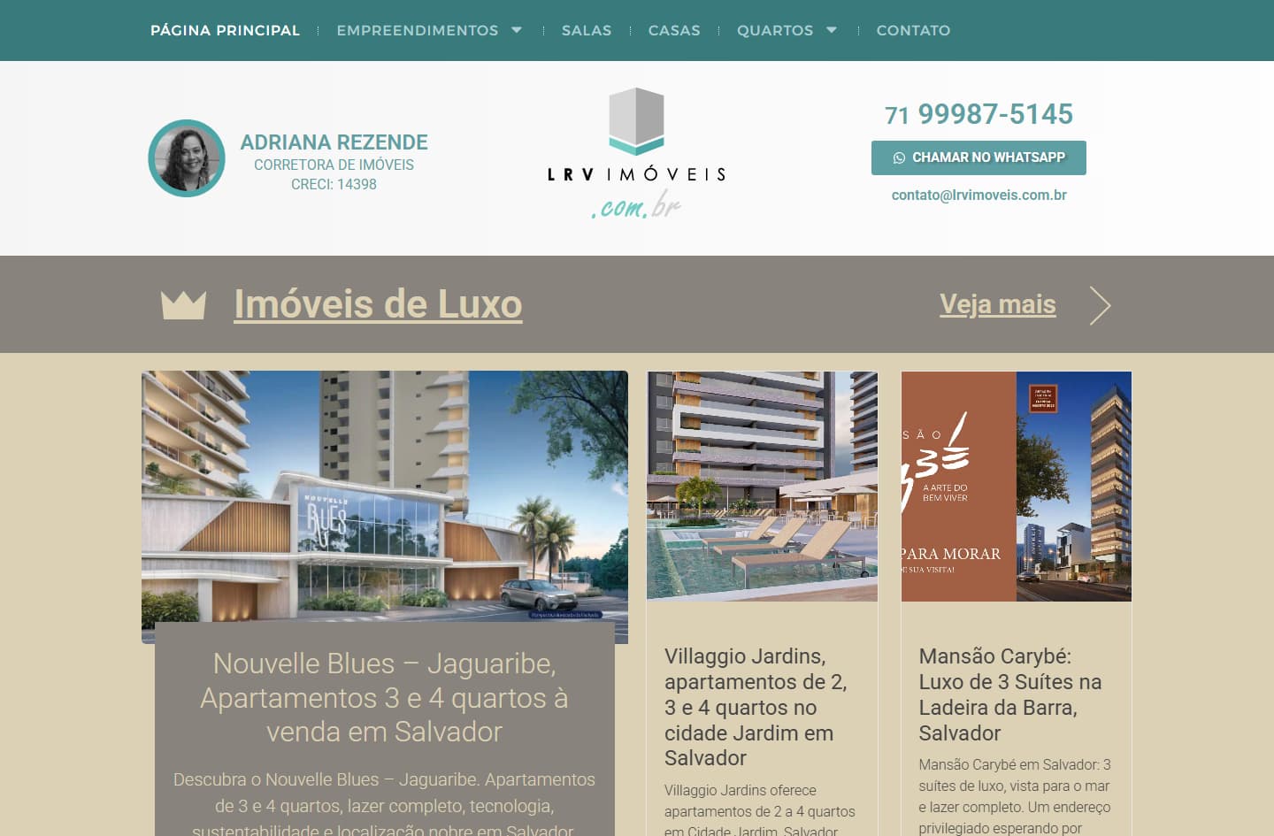 Captura de tela do site LRV Imóveis mostrando o destaque de imóveis de luxo em Salvador, com design otimizado e navegação intuitiva.