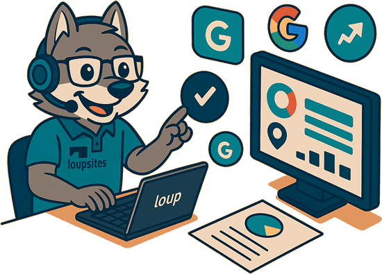 Ilustração isométrica mostrando um técnico da LoupSites configurando otimizações no painel do Yoast SEO, com ícones do Google, PageSpeed e ranking de resultados, sobre fundo laranja claro.