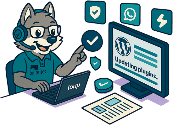 Ilustração isométrica mostrando um técnico da Loupsites trabalhando em um notebook enquanto atualiza plugins do WordPress, cercado por ícones de performance, segurança e atendimento via WhatsApp, com fundo lilás claro.