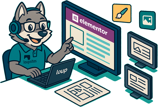 Ilustração isométrica do técnico da Loupsites configurando o layout de um site no painel do Elementor, com monitores exibindo wireframes e ícones de design.