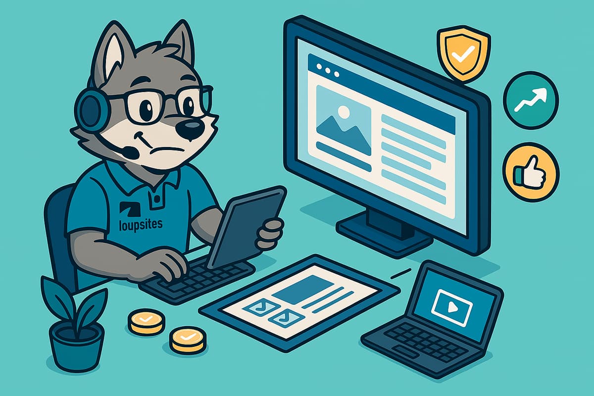 Ilustração isométrica do mascote da Loupsites criando um site em múltiplos dispositivos, com ícones de segurança, crescimento e desempenho ao redor.