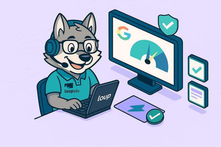 Ilustração isométrica de um técnico da Loupsites testando a velocidade e segurança de sites em vários dispositivos, representando resultados rápidos e eficazes no Google.