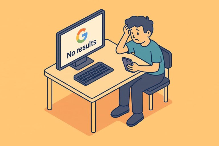 Ilustração isométrica de um usuário surpreso ao perceber que seu site não aparece nos resultados de busca do Google, sobre fundo laranja claro.