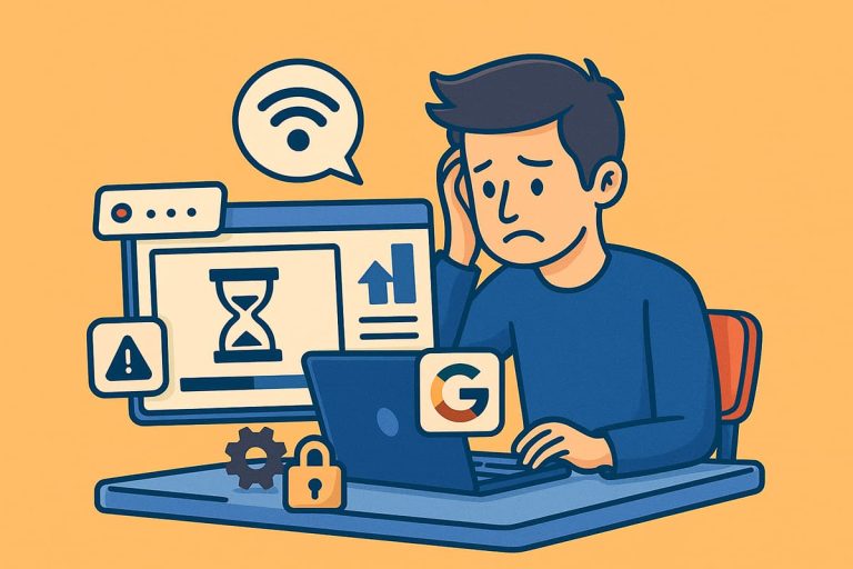 Ilustração isométrica de um usuário tentando acessar um site lento, observando a tela com uma barra de carregamento travada em um fundo laranja claro.