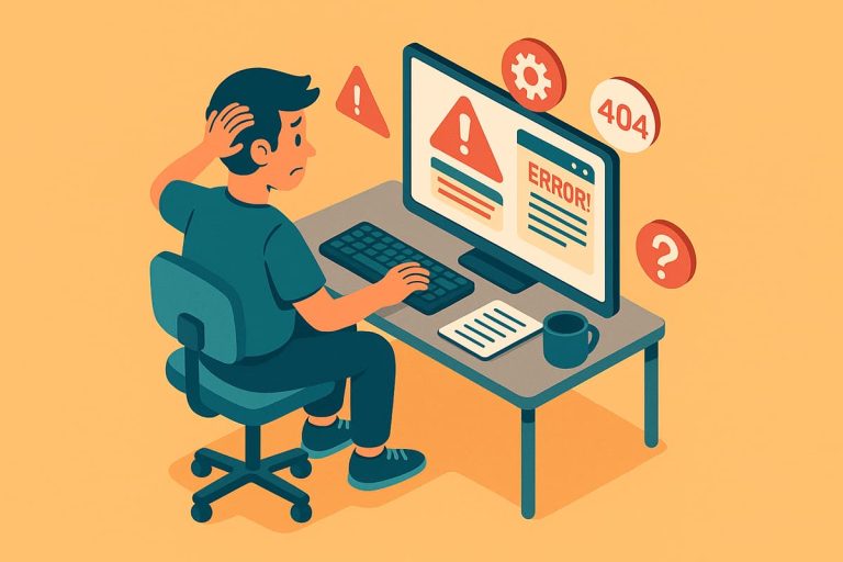 Ilustração isométrica de um usuário frustrado olhando para o computador exibindo mensagens de erro e falhas constantes em um site, com fundo laranja claro.