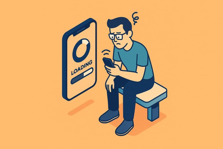 Ilustração isométrica de um usuário frustrado tentando abrir um site que demora a carregar no celular, sobre fundo laranja claro.
