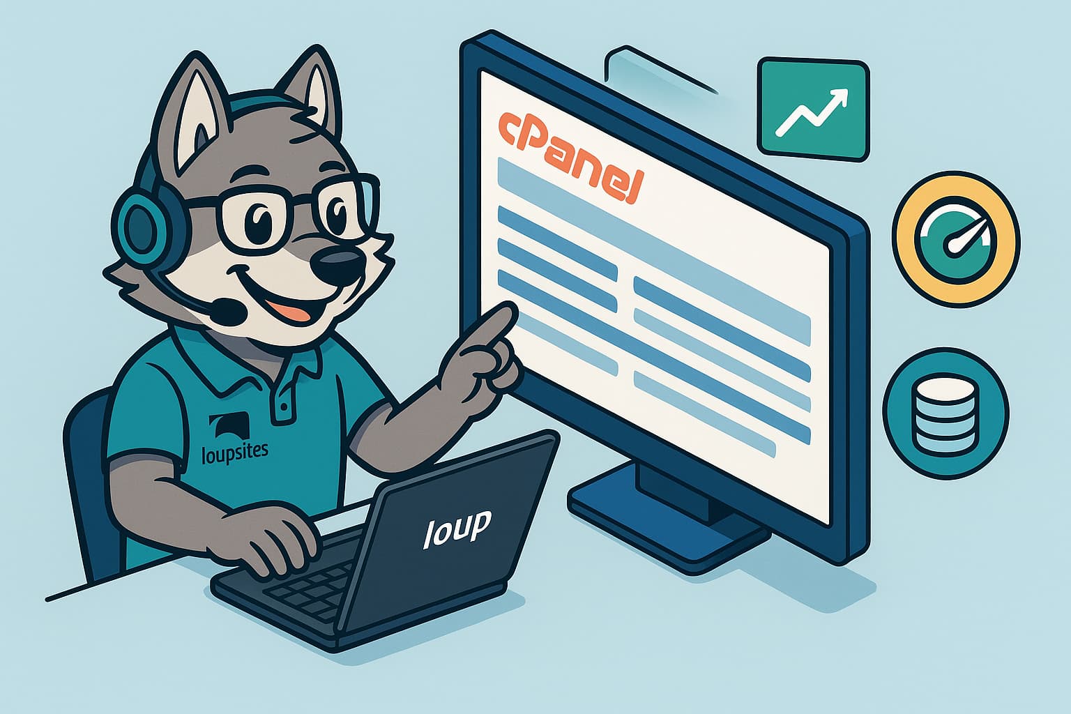 Ilustração isométrica do mascote da Loupsites configurando o desempenho de um site no painel do cPanel, com ícones de velocidade, banco de dados e performance.