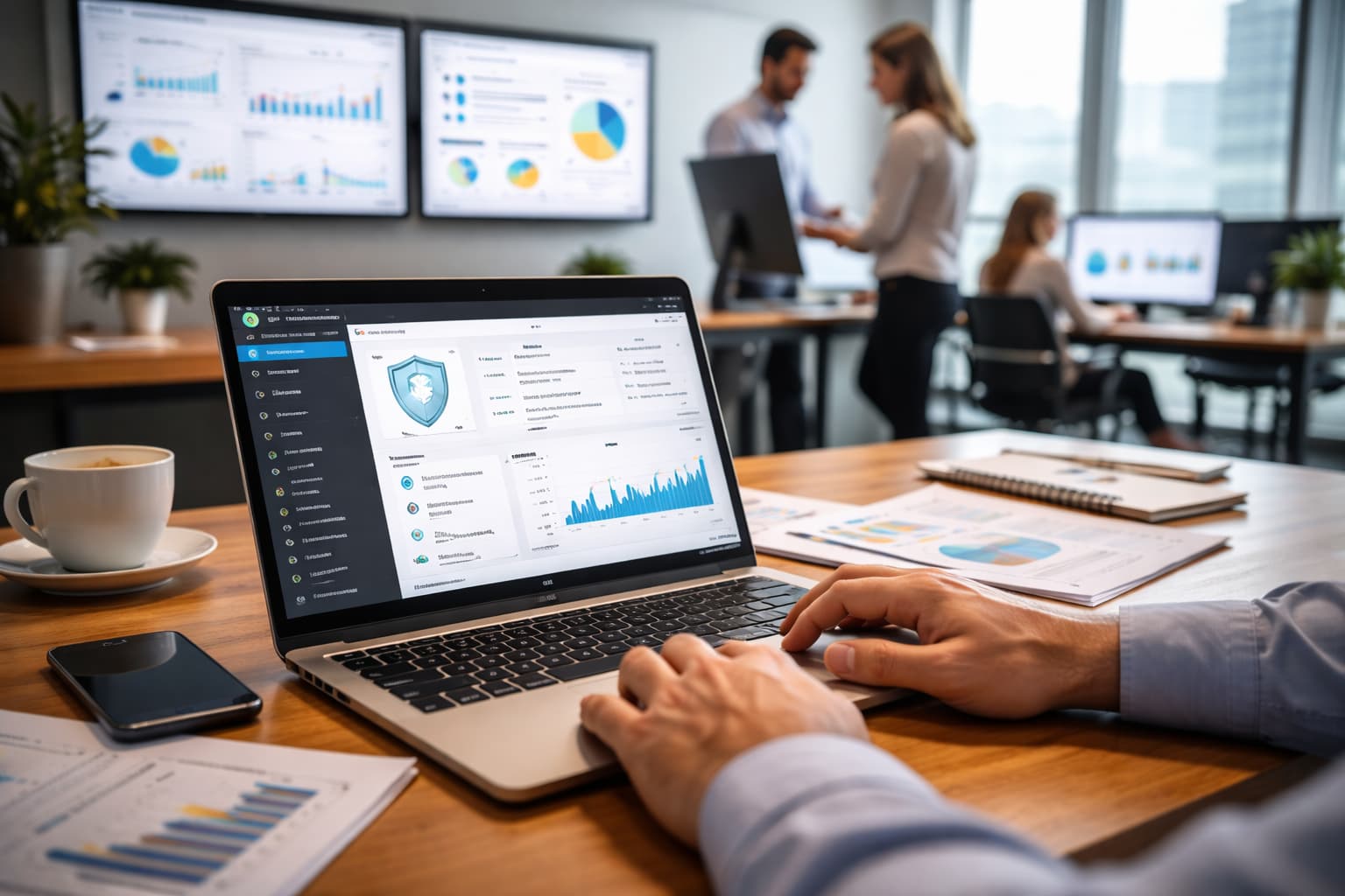 Profissionais monitoram telas com sistemas e infraestrutura digital em ambiente corporativo moderno