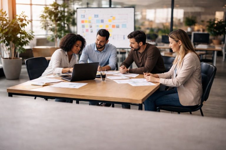 Profissionais analisam documentos e laptop em reunião de trabalho, em escritório moderno com painel visual ao fundo