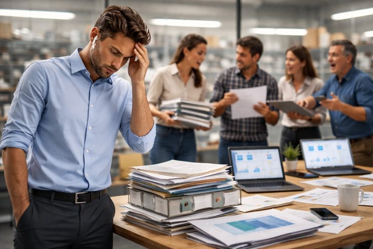 Gestor demonstra preocupação diante de mesa cheia de documentos enquanto equipe discute demandas ao fundo em ambiente corporativo
