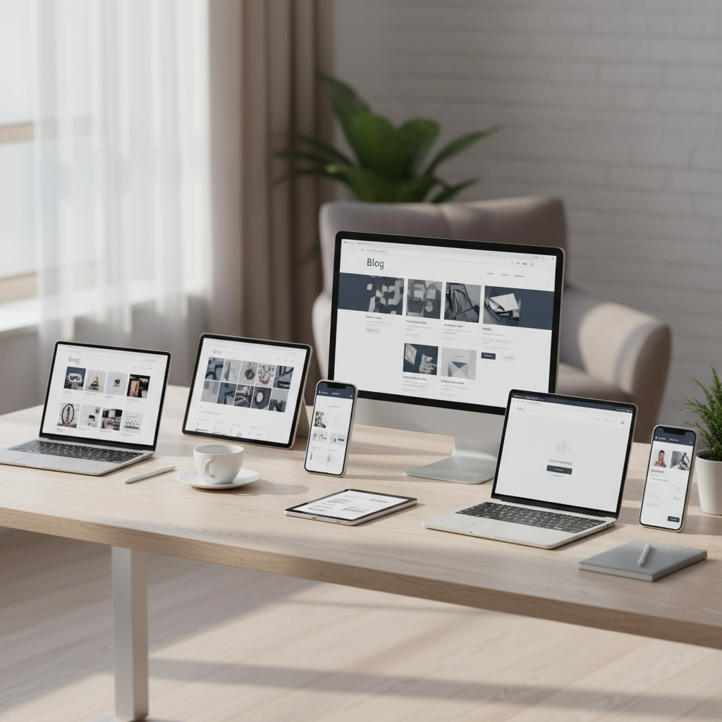 Sete dispositivos digitais sobre uma mesa clara, cada um exibindo uma interface diferente representando os tipos de sites profissionais: institucional, e-commerce, blog, landing page, portal, portfólio e área de membros