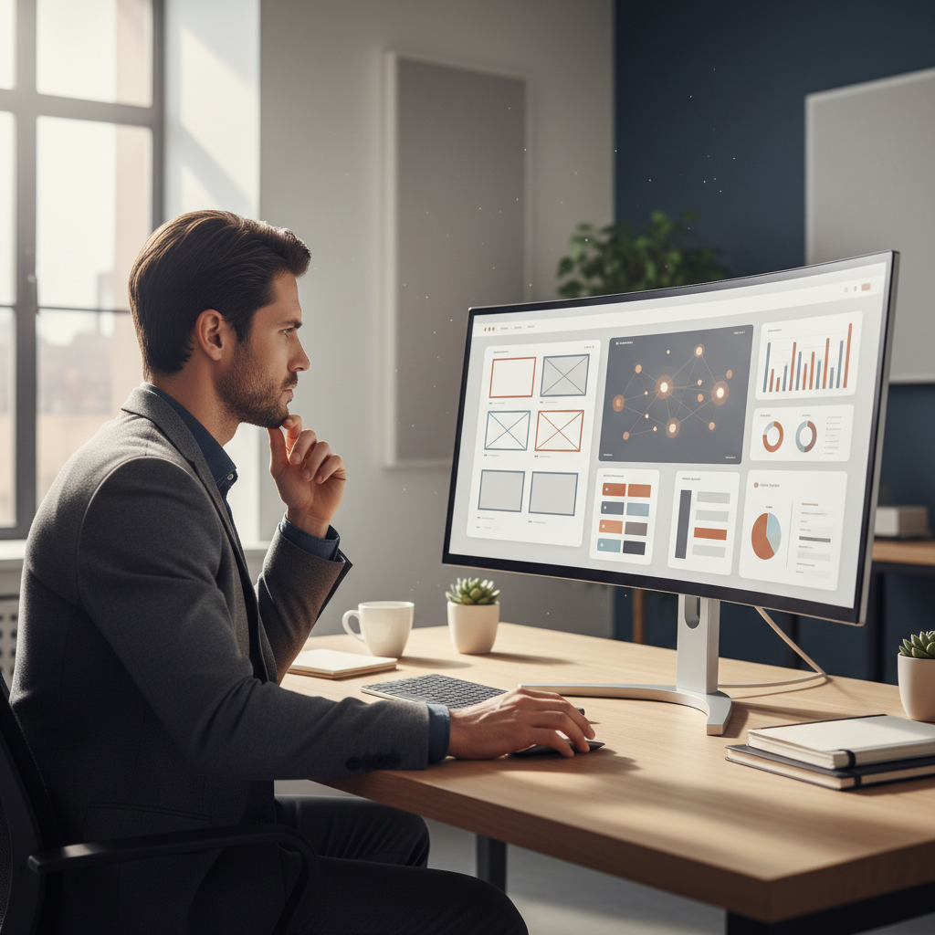 Pessoa sentada em frente a um monitor grande exibindo wireframe de site e métricas de desempenho, em ambiente de trabalho moderno com iluminação natural.