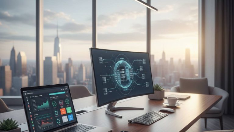 Espaço de trabalho moderno com laptop e tablet sobre mesa.