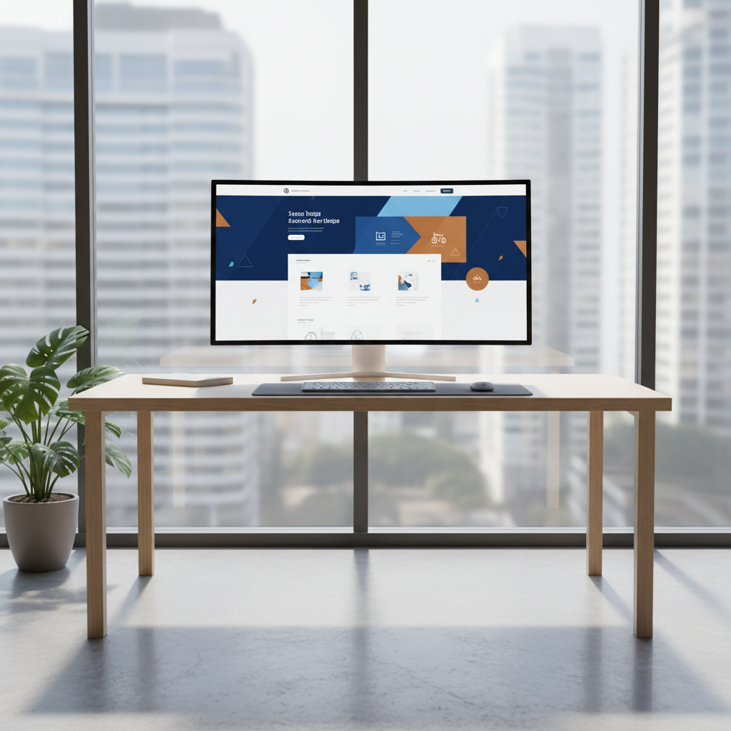Um escritório moderno com um monitor exibindo um site profissional