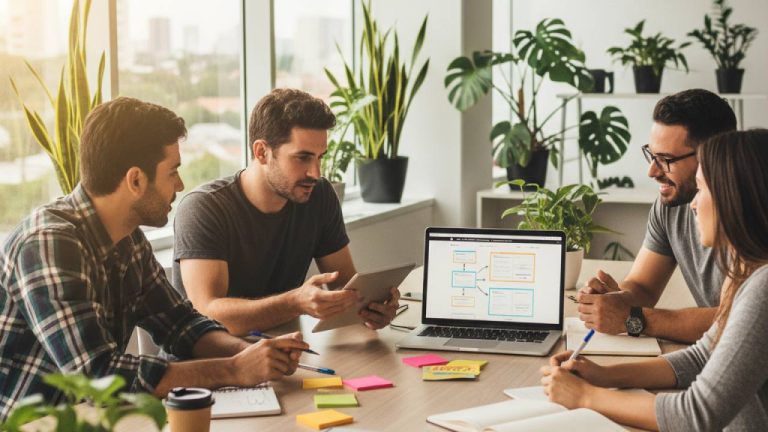 Profissionais colaborando em um ambiente moderno de design de sites em Guarulhos.